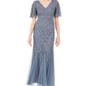 Adrianna Papell Slate Blue Beaded & Tulle Gown